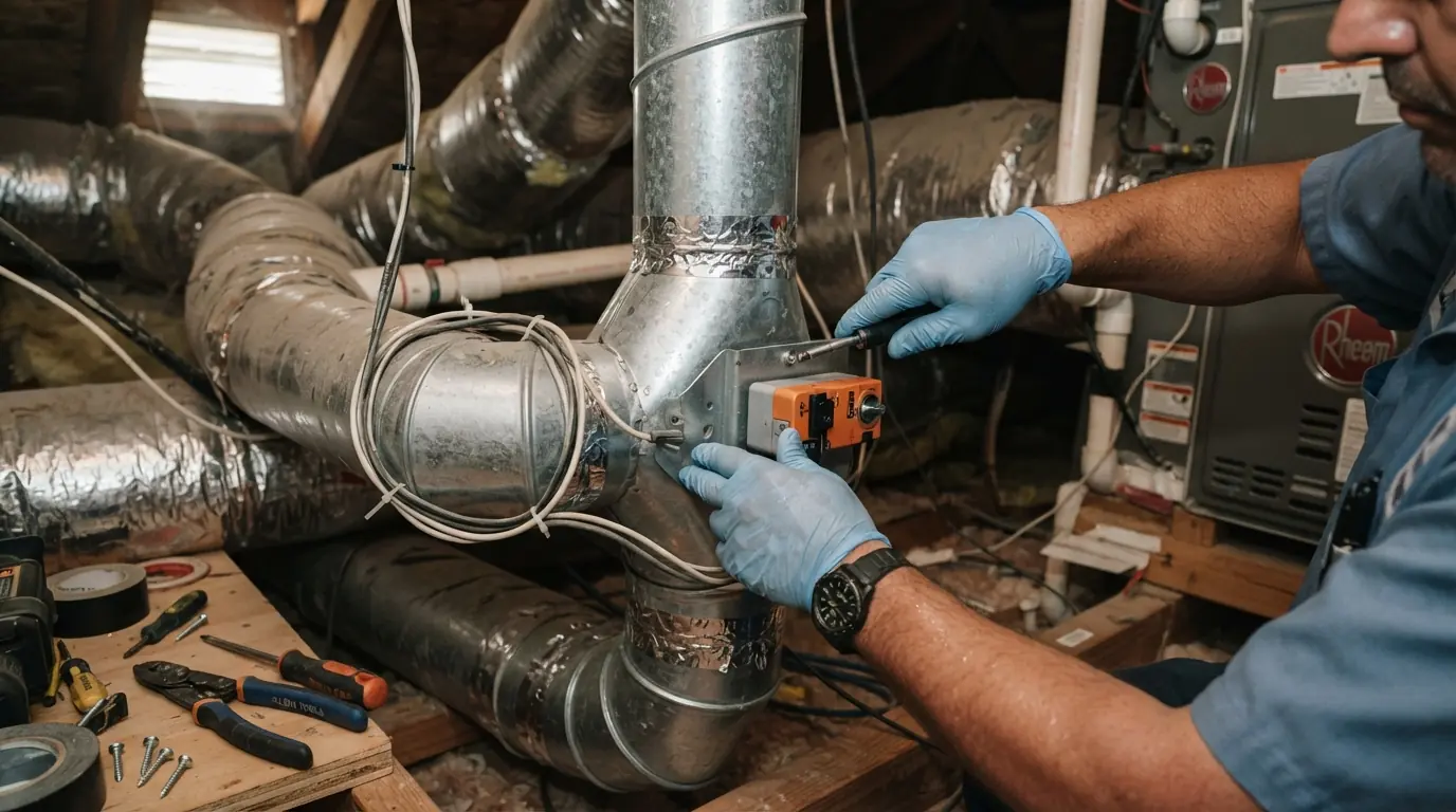 Close detail photo for HVAC zoning systems in a Miami property: technicians hands at the install dampers step