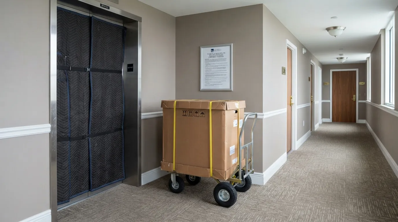 Miami high-rise condo hallway with a new air handler on a dolly beside a service elevator with protective padding