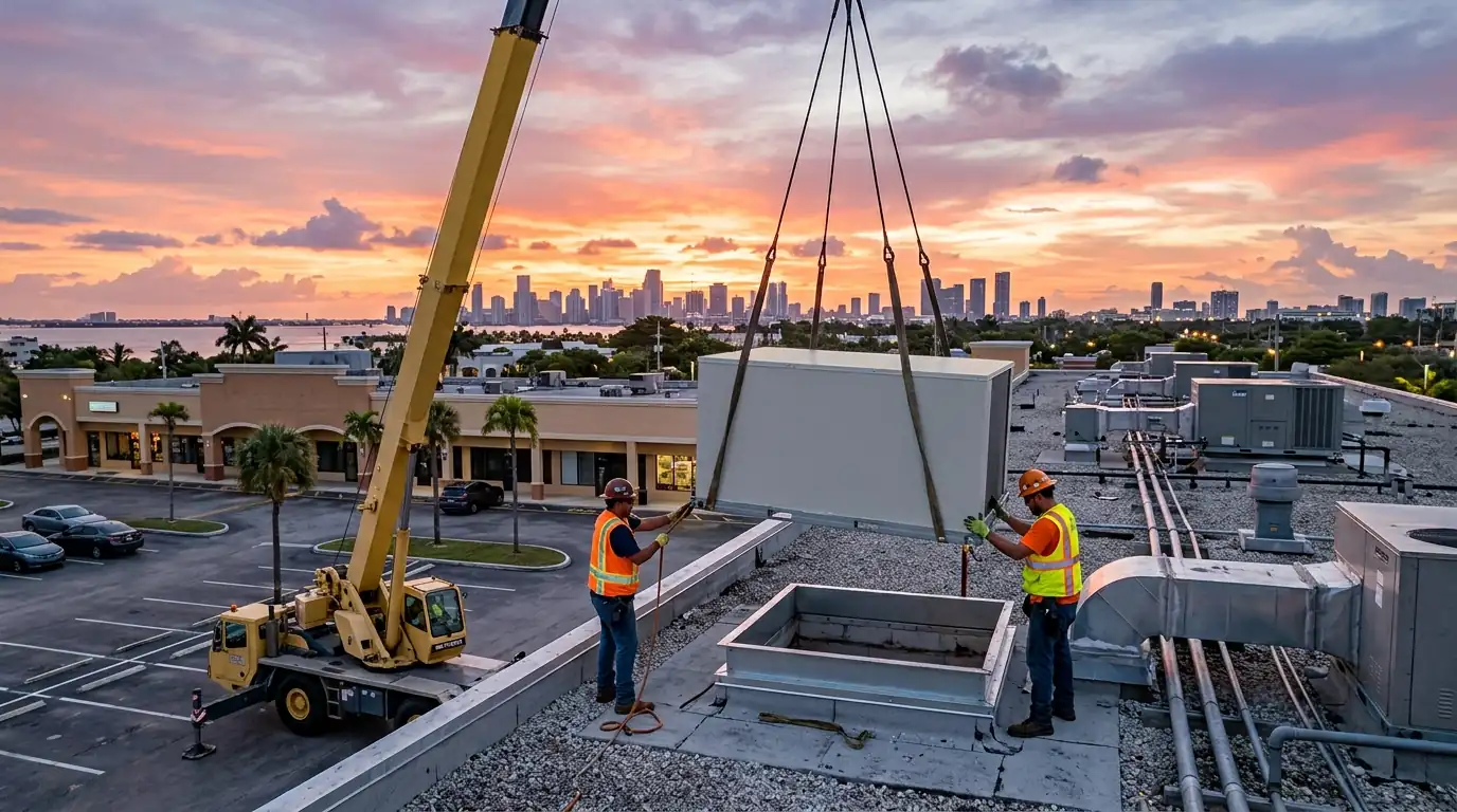 Crane lifting a new rooftop package unit onto a curb on a Miami strip-center roof at sunrise
