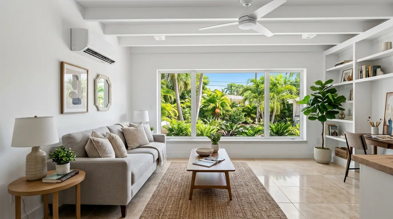 Finished garage conversion in a Miami home turned into a bright studio with tile floor