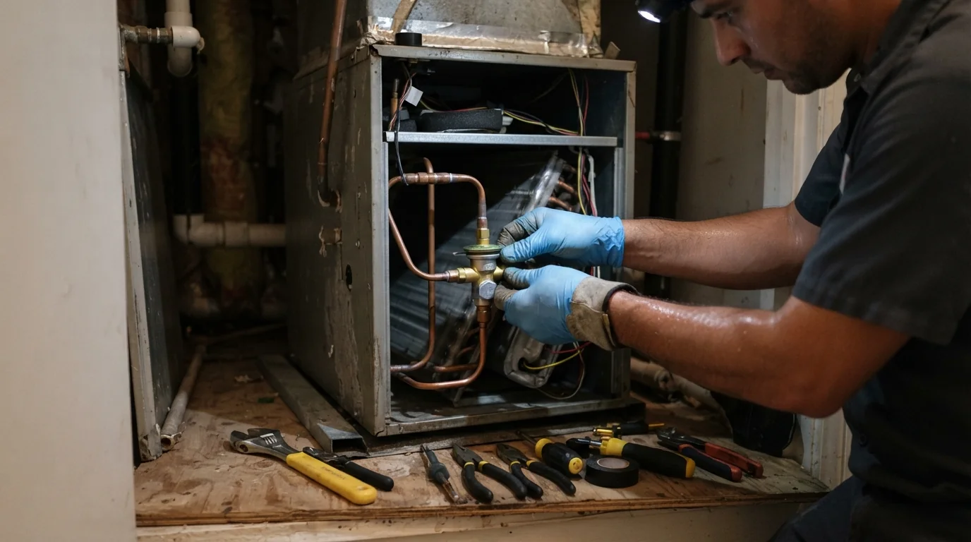 Close detail photo for air handler replacement in a Miami property: technicians hands at the replace step