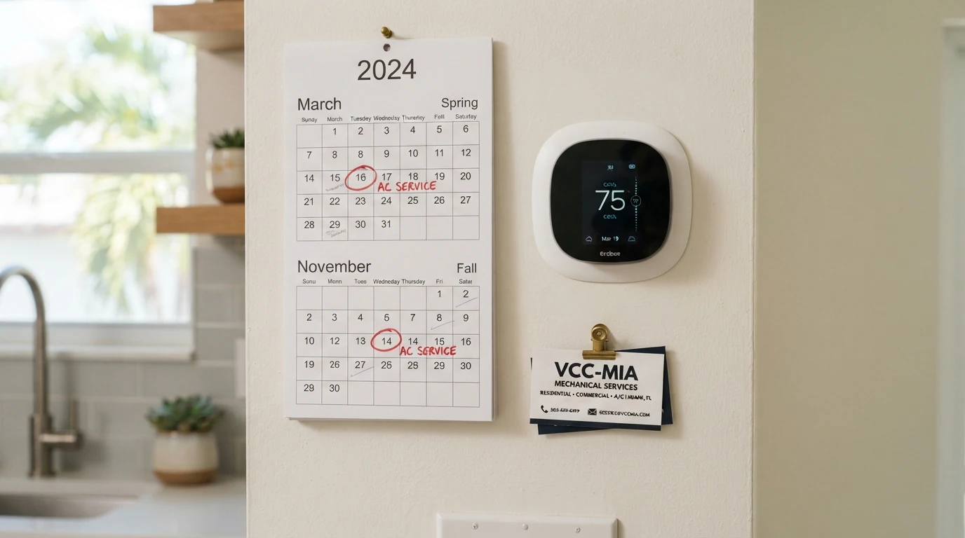 Calendar on a Miami kitchen wall with spring and fall AC service dates circled