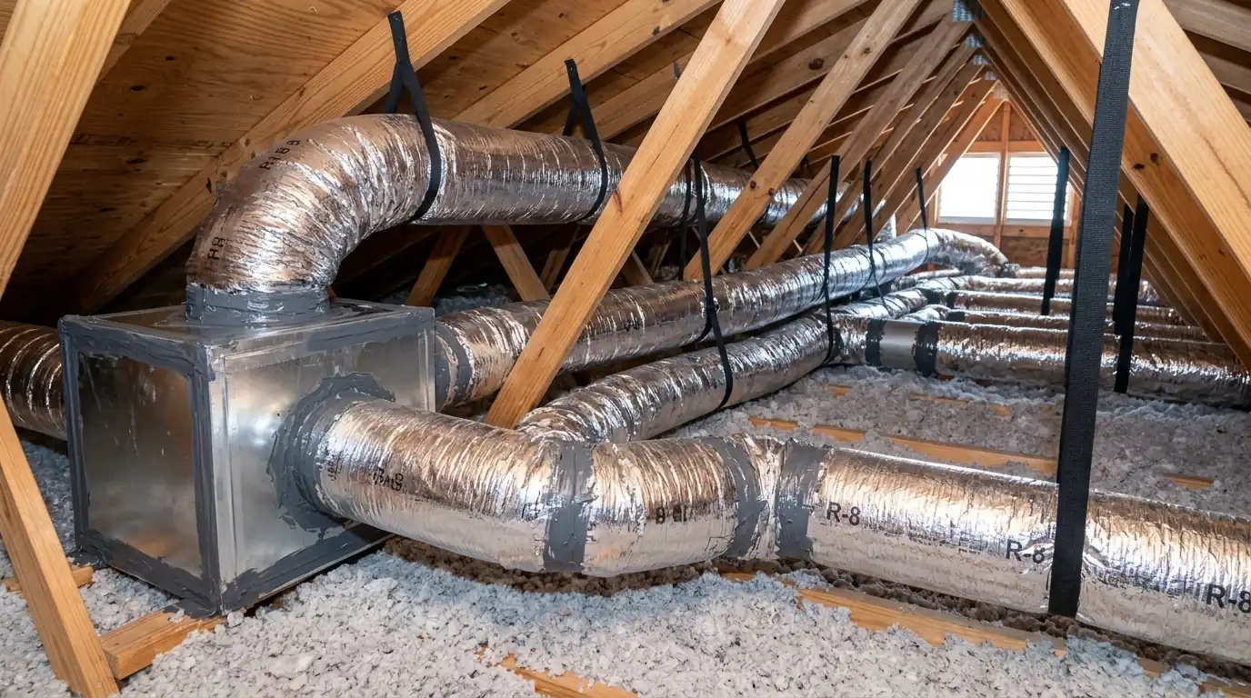 Newly installed silver R-8 flex ducts running neatly from a sealed plenum across a Miami attic