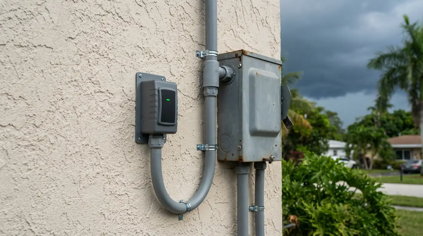 Surge protector device mounted beside an outdoor AC disconnect box on a Miami CBS wall
