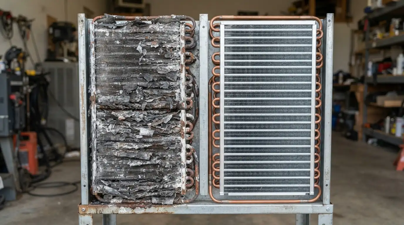 Corroded condenser coil fins from salt air next to a new clean coil