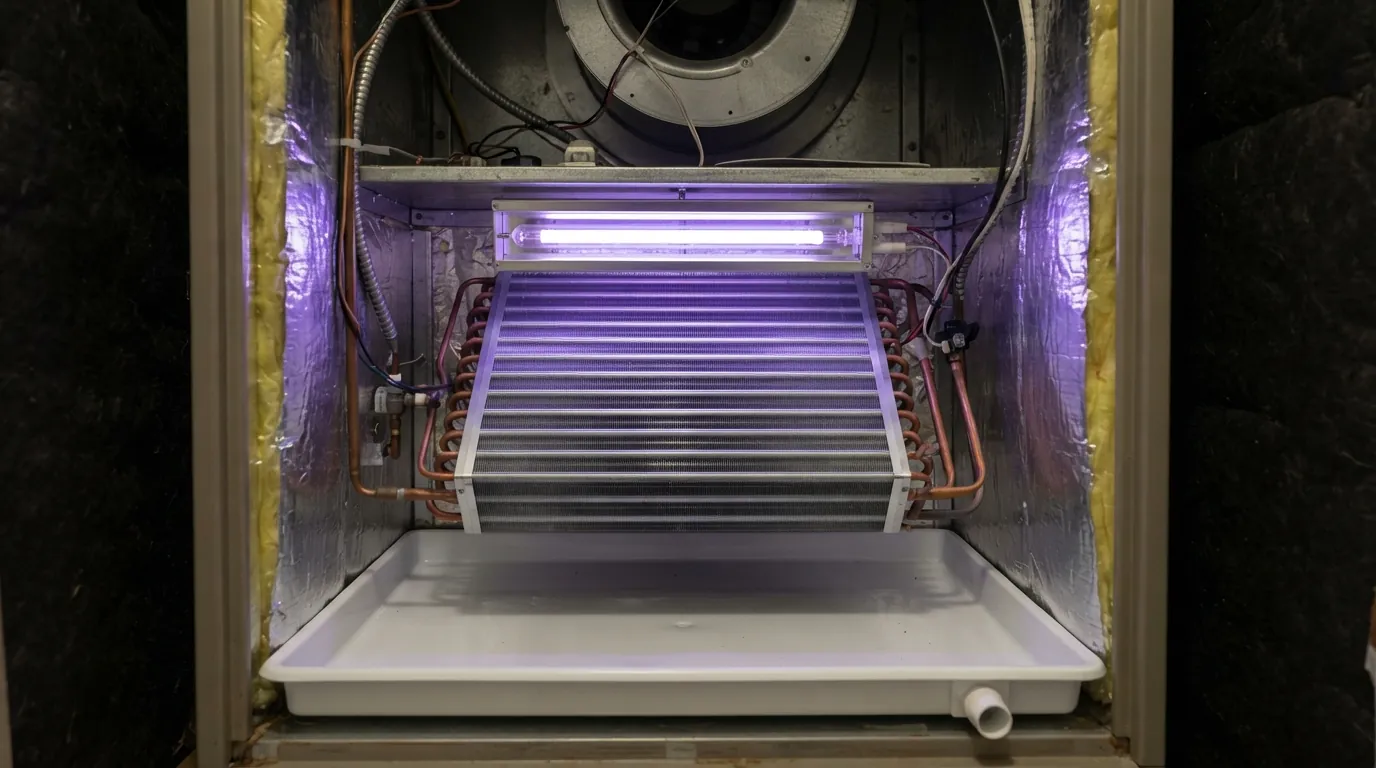 Inside view of a Miami air handler cabinet with a UV-C lamp glowing violet above a clean evaporator coil and a dry white drain pan
