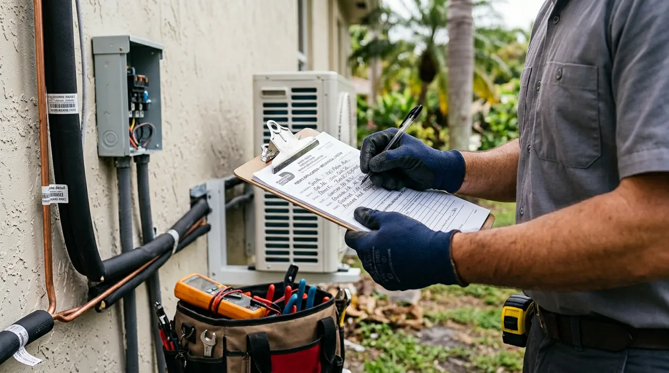 Close detail photo for ductless mini-split installation in a Miami property: technicians hands at the permit and prep step