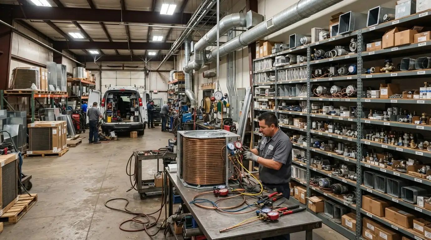 Inside an HVAC shop bay with coils