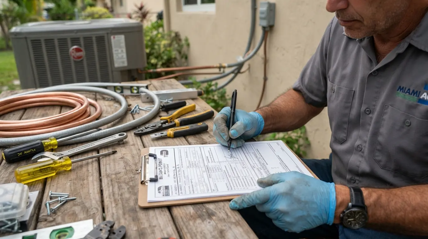 Close detail photo for AC installation in a Miami property: technicians hands at the permit filed step