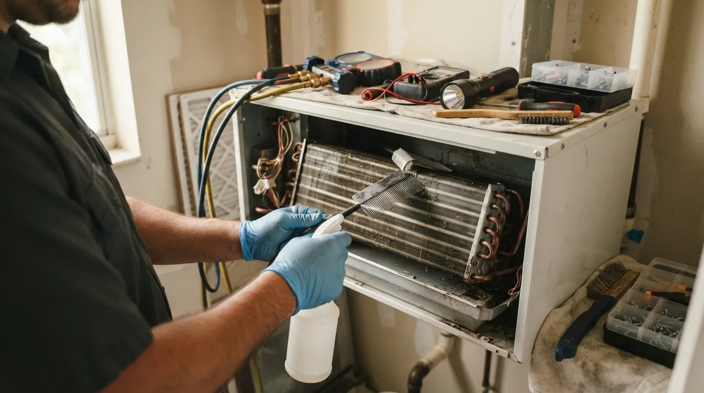 Close detail photo for AC tune-up in a Miami property: technicians hands at the indoor unit step