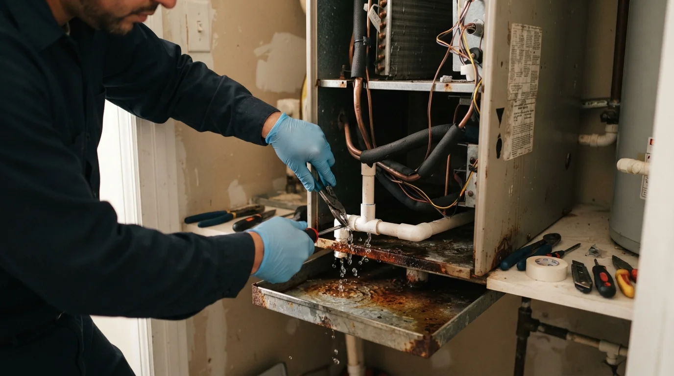 Close detail photo for AC leaking water in a Miami property: technicians hands at the fix the source step