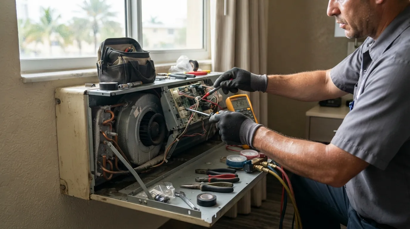 Close detail photo for PTAC and wall unit service in a Miami property: technicians hands at the test step