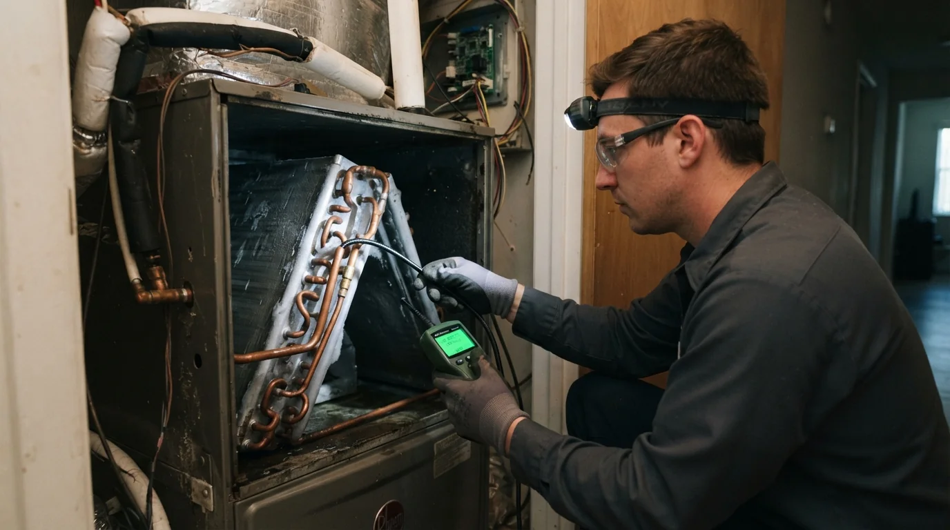 Technician holding an electronic refrigerant leak detector probe against copper tubing on an evaporator coil inside an opened Miami closet air handler