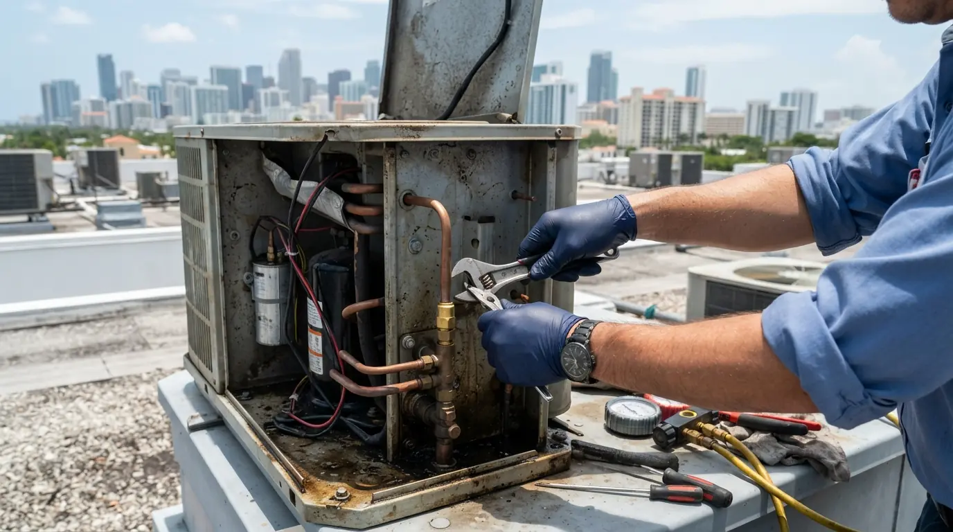 Close detail photo for rooftop unit service in a Miami property: technicians hands at the service step