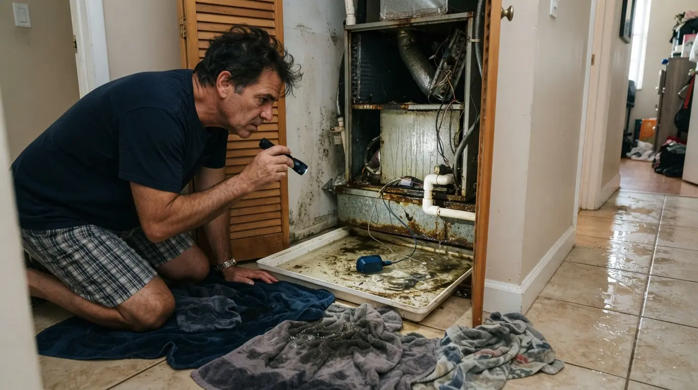 Homeowner kneeling with a flashlight at an open Miami air handler closet looking at a full drain pan and a float switch