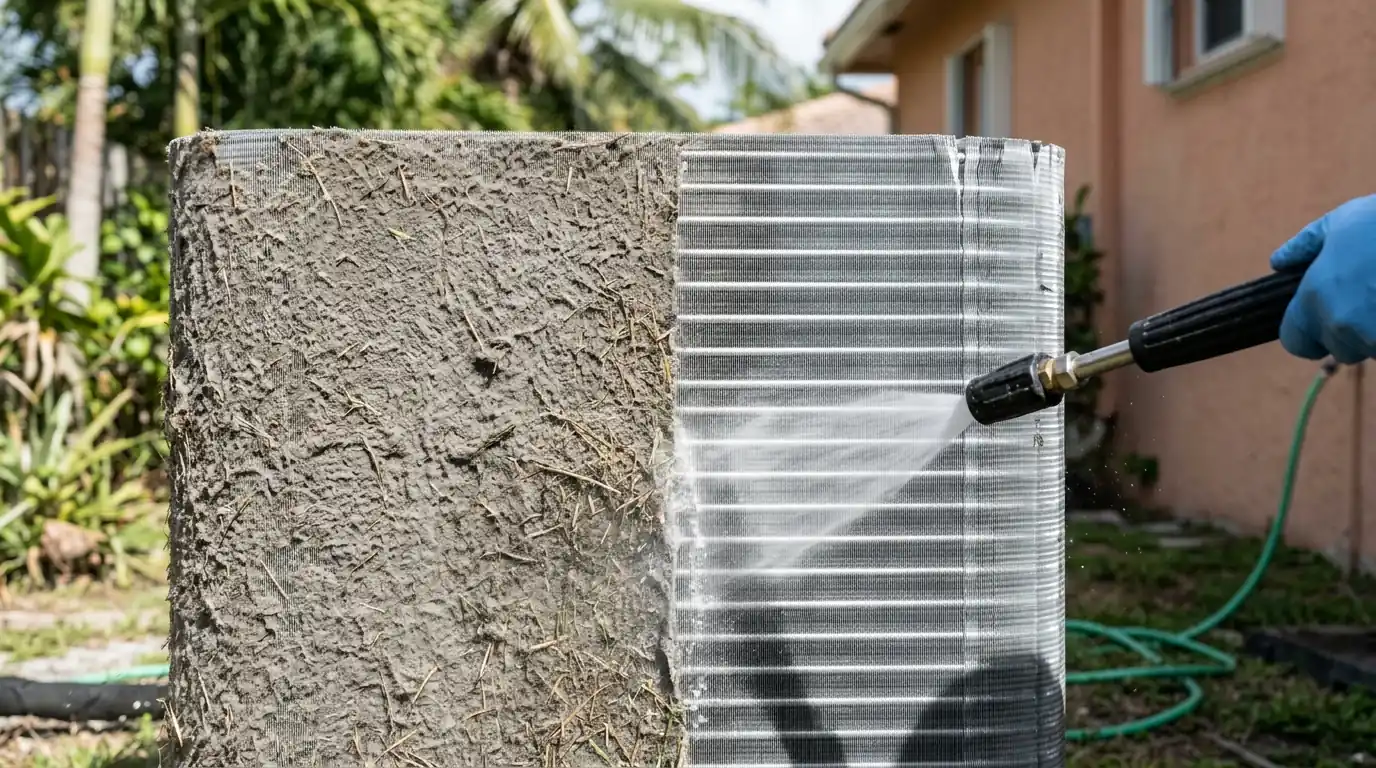 Side-by-side view of a condenser coil half cleaned