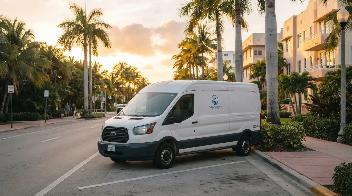 White service van with a small cooling wave logo parked on a palm-lined Miami street at golden hour