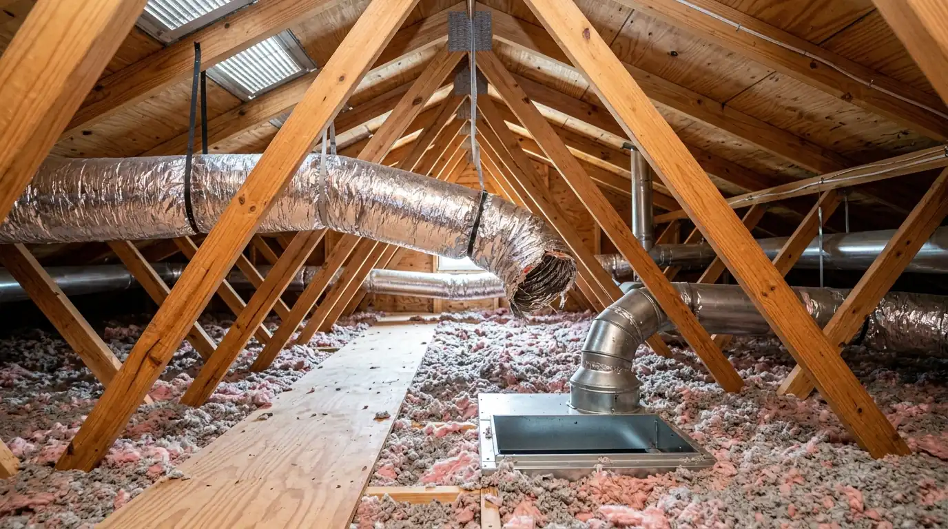 Attic view in a Miami home of a flex duct disconnected from a ceiling boot