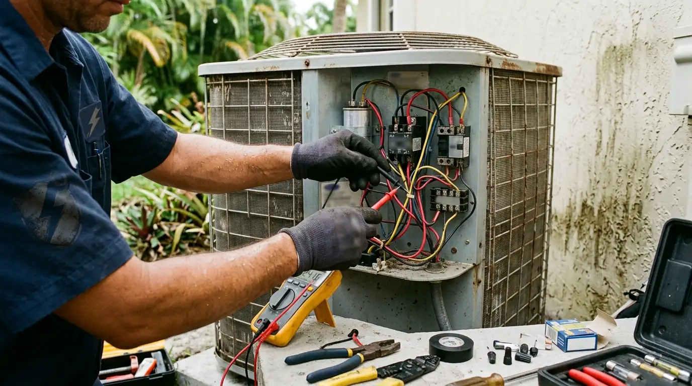 Close detail photo for emergency AC repair in a Miami property: technicians hands at the diagnosis at the panel step