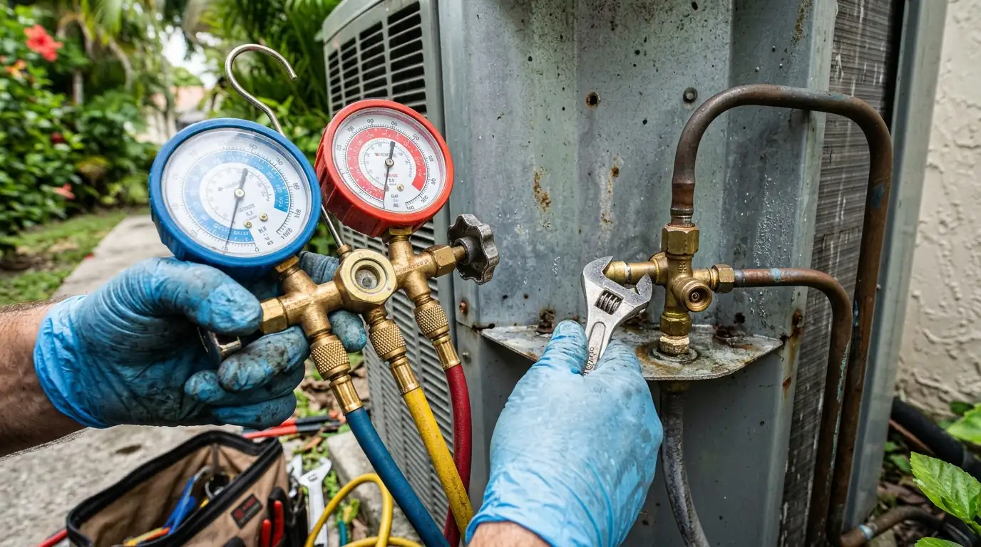 Close detail photo for heat pump repair in a Miami property: technicians hands at the refrigerant readings step