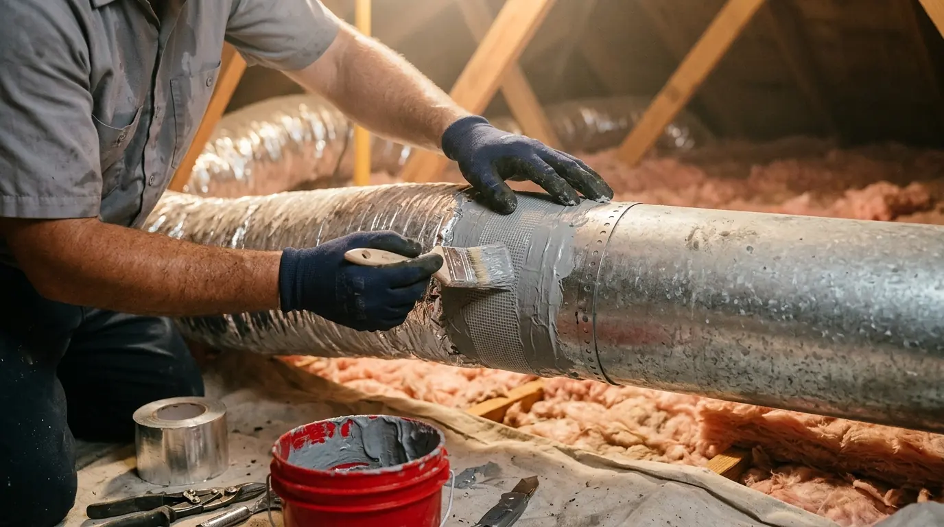 Close detail photo for duct sealing in a Miami property: technicians hands at the seal accessible joints step