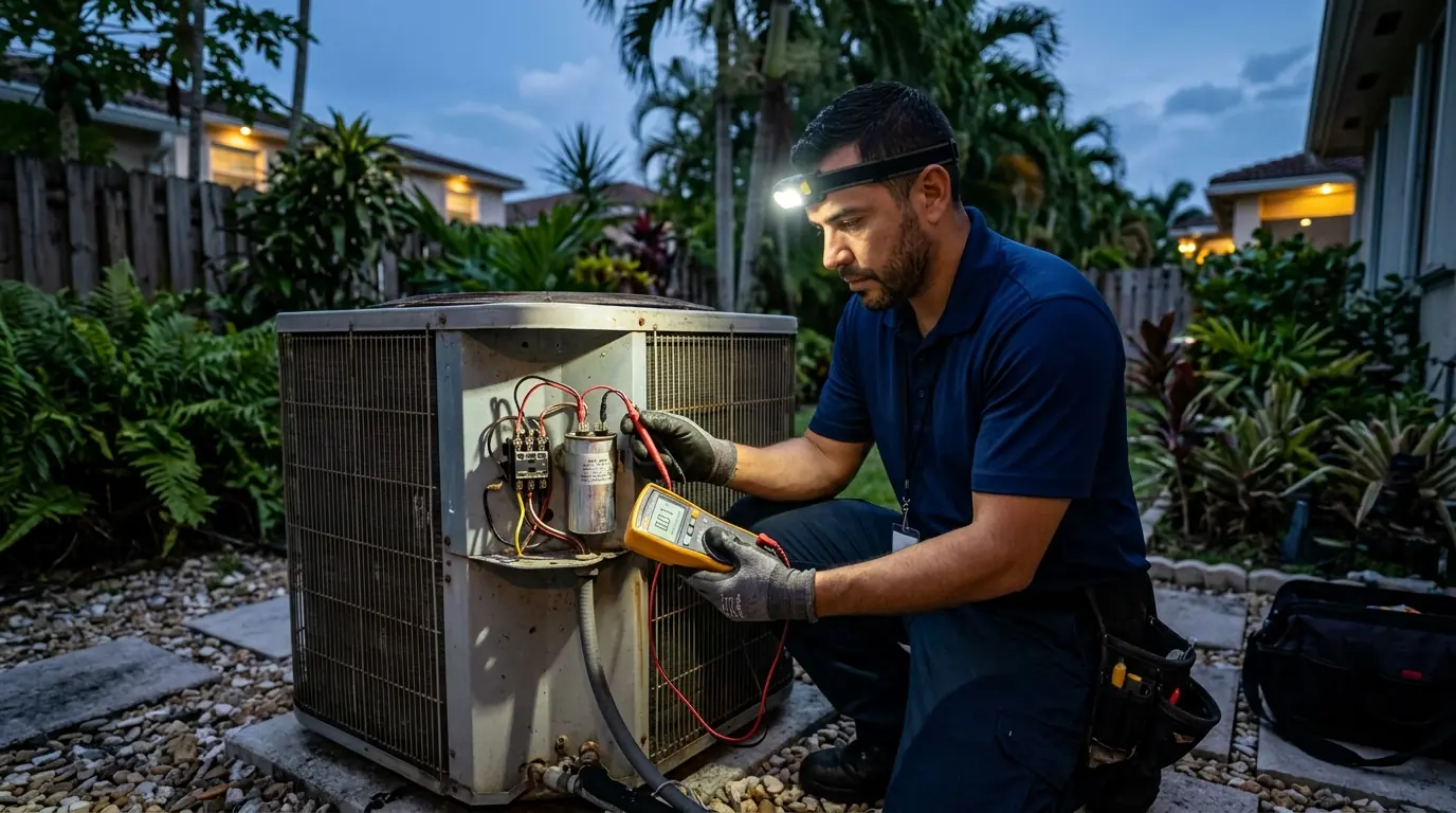 Technician in navy polo testing a failed run capacitor with a multimeter at an open condenser panel at dusk in a Miami backyard