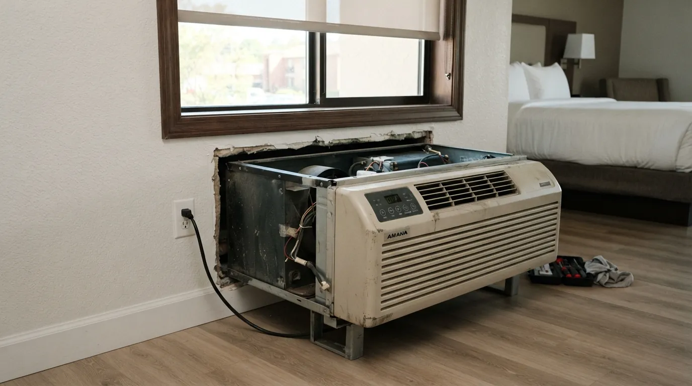PTAC unit pulled halfway out of its wall sleeve under a window in a Miami Beach condo