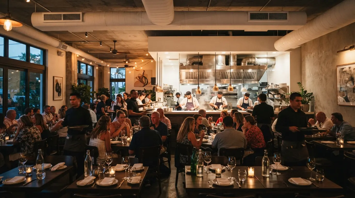 Busy Miami restaurant dining room at dusk with ceiling diffusers overhead and a stainless kitchen hood visible through a pass-through window