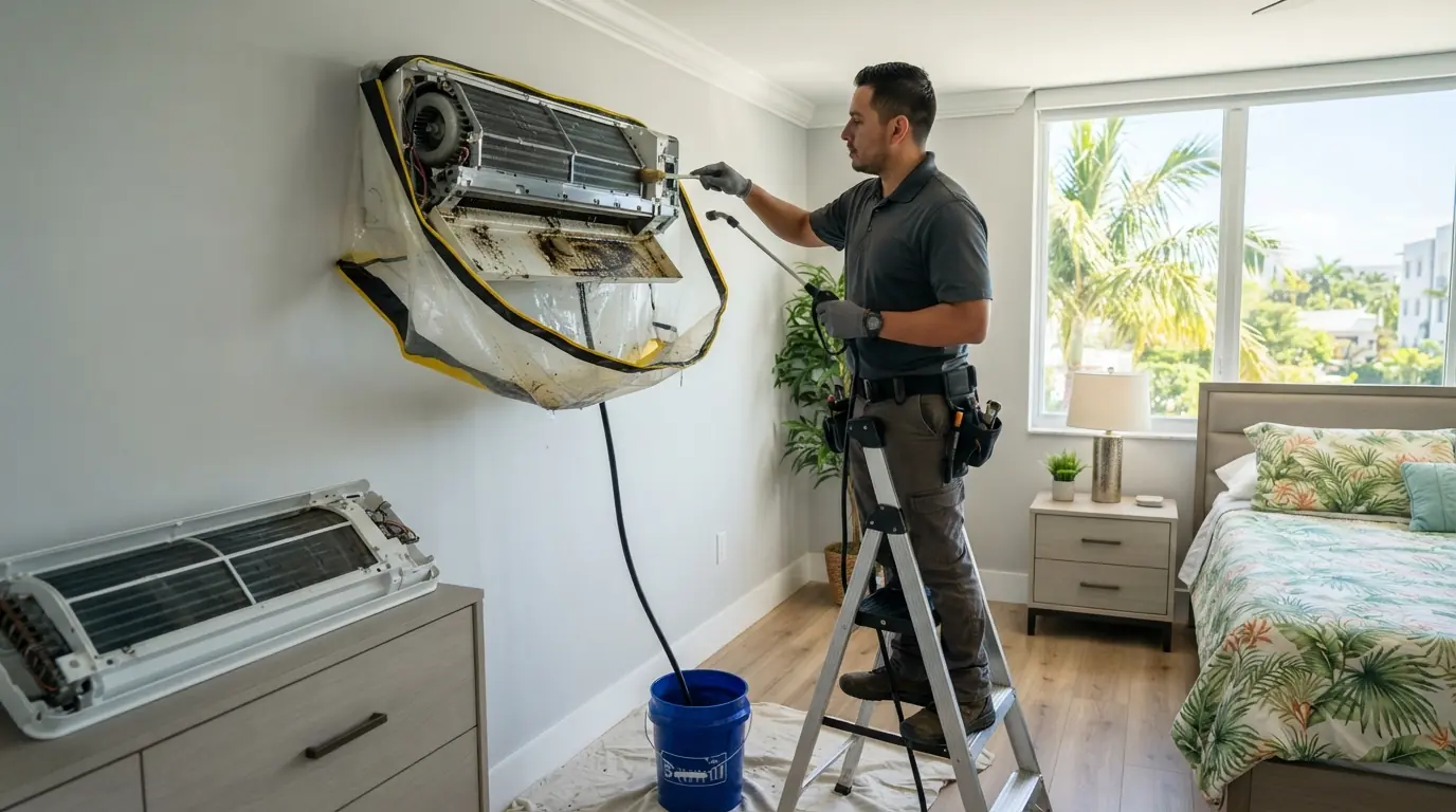 Technician on a step ladder with the front cover off a wall-mounted mini-split in a Miami bedroom