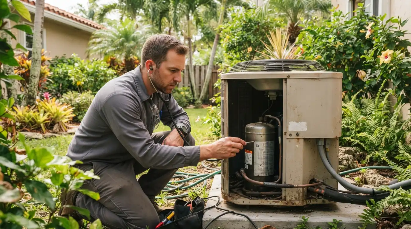 Technician holding a mechanics stethoscope to the side of a running outdoor AC condenser in a Miami backyard