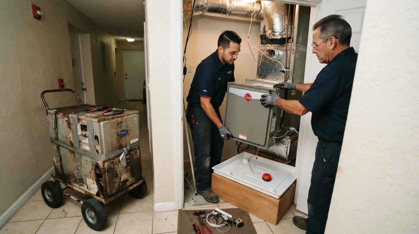 Two technicians setting a new air handler into a Miami hall closet with a fresh drain pan and float switch