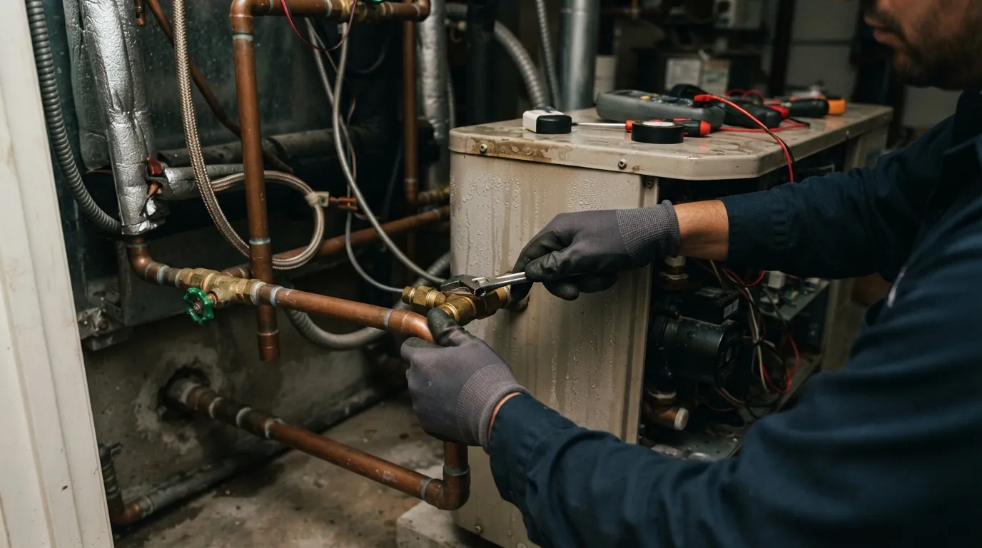 Close detail photo for water-source heat pump service in a Miami property: technicians hands at the service step