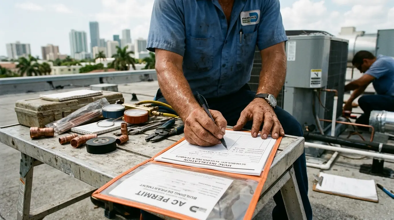 Close detail photo for commercial HVAC installation in a Miami property: technicians hands at the permits and scheduling step