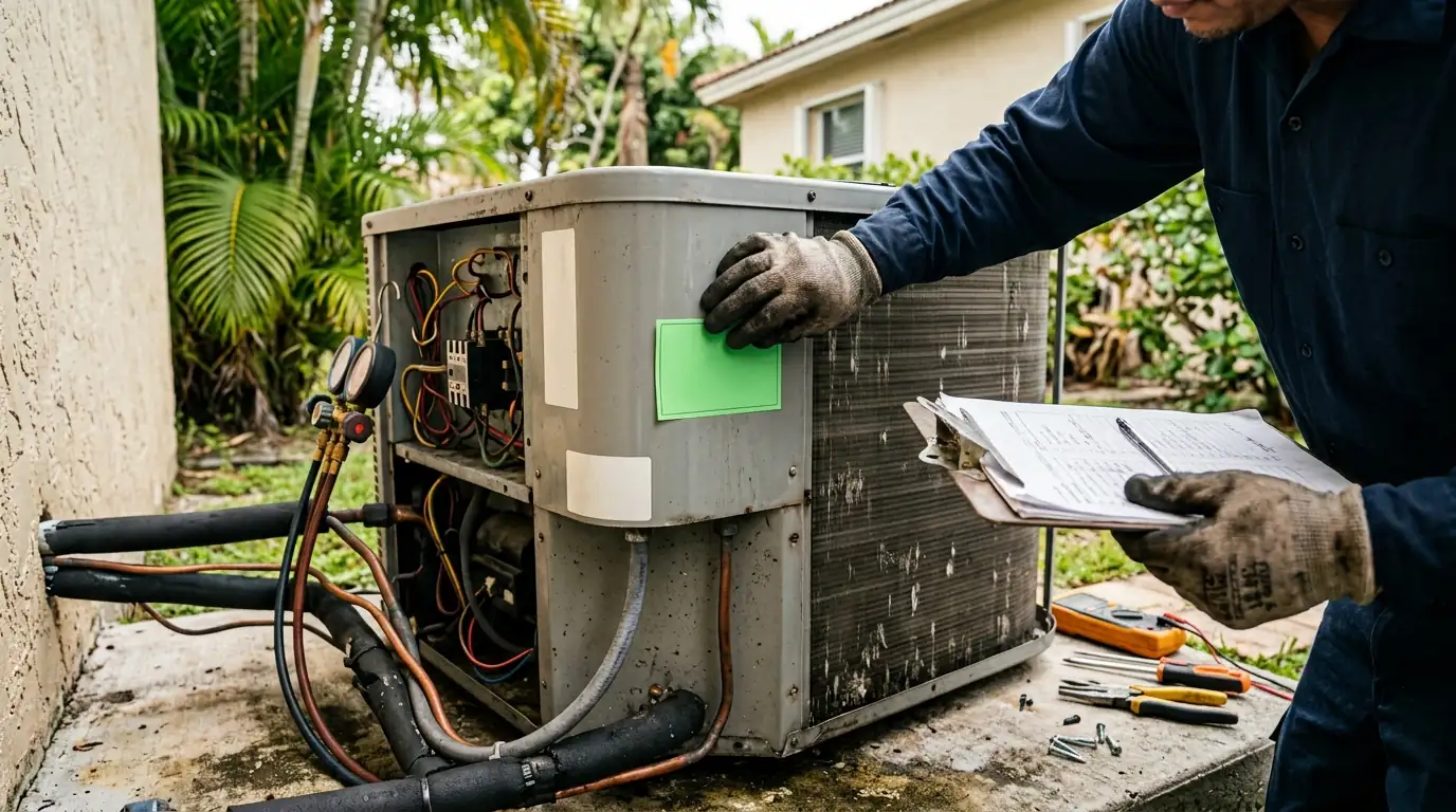 Close detail photo for central air conditioning in a Miami property: technicians hands at the permit step