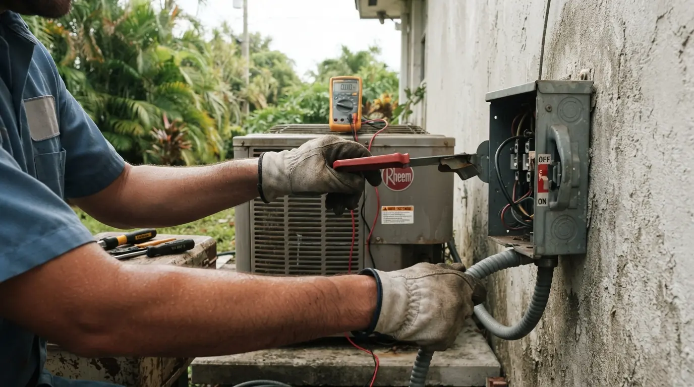 Close detail photo for hurricane AC prep in a Miami property: technicians hands at the during the outage step
