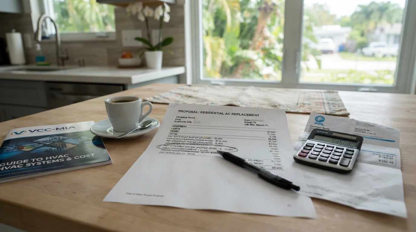 Printed AC replacement quote on a Miami kitchen table beside a calculator