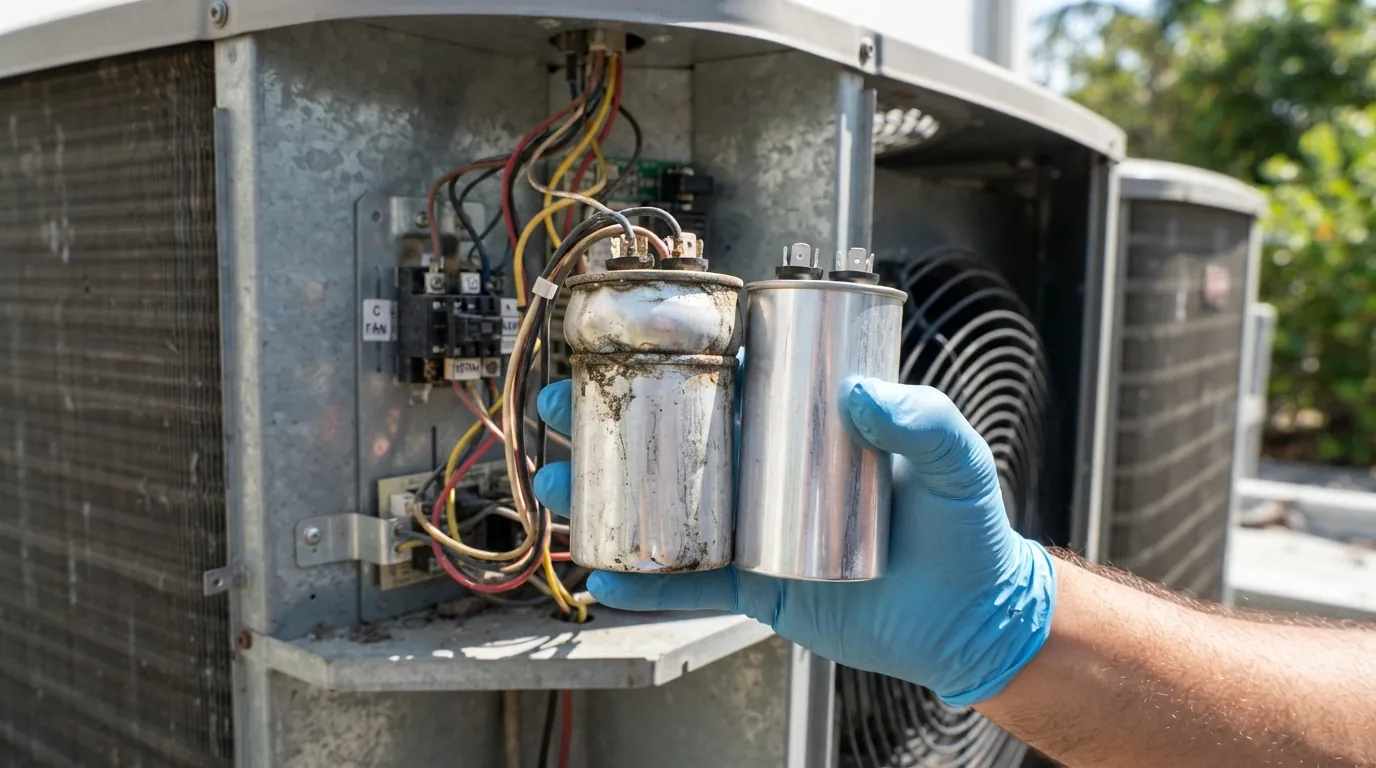 Close-up of a bulging silver dual run capacitor next to a new one in a technicians gloved hand at an open condenser control panel in Miami sun