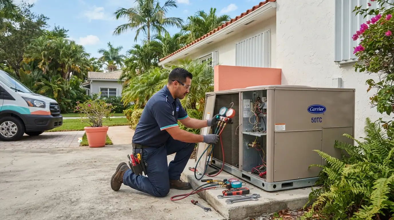 Package unit air conditioner on a concrete slab beside a single-story Miami CBS home with large insulated ducts entering the wall