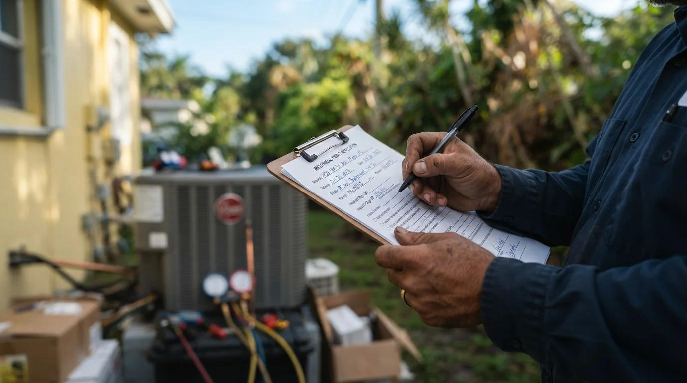 Close detail photo for AC replacement in a Miami property: technicians hands at the permit and scheduling step