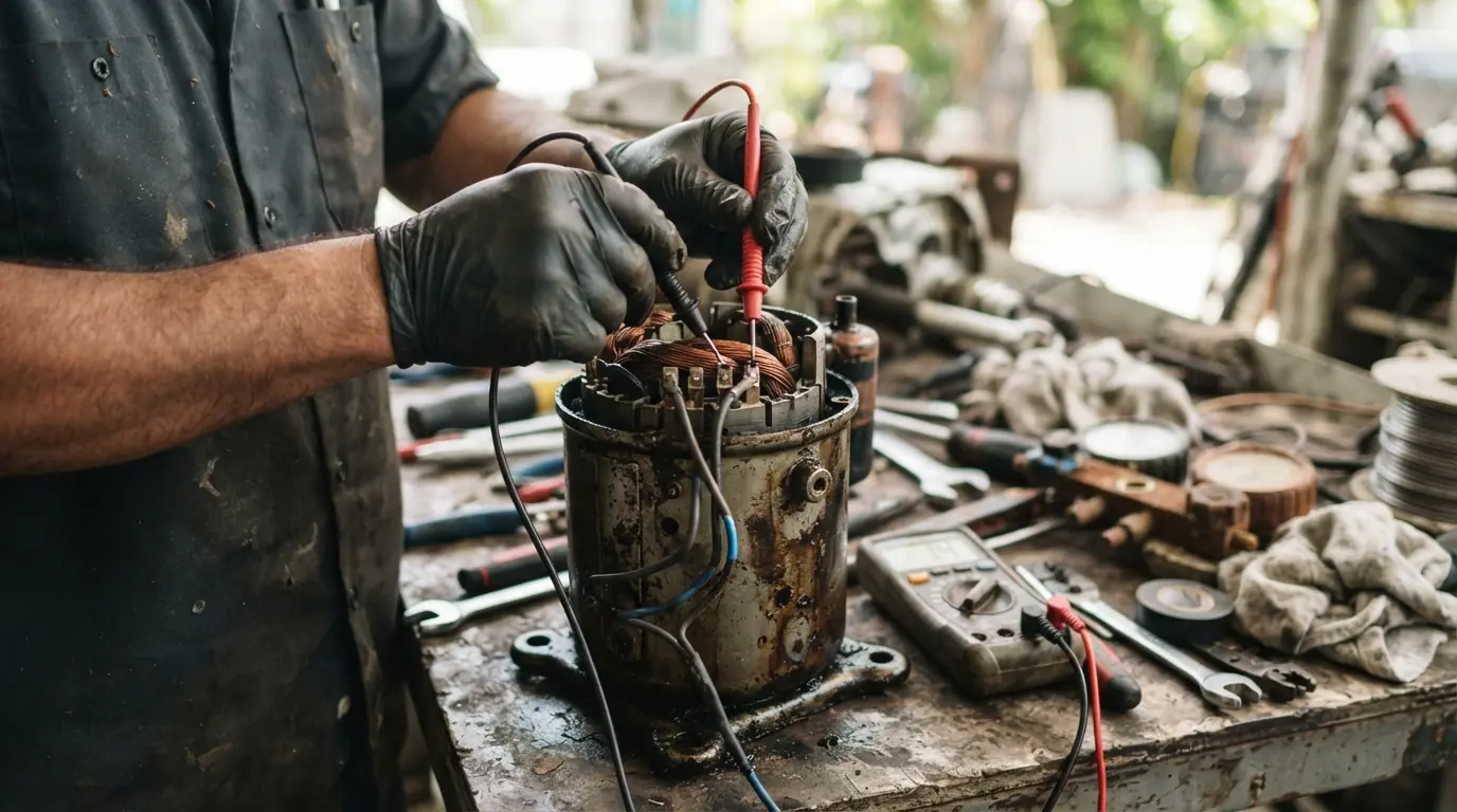 Close detail photo for AC compressor repair in a Miami property: technicians hands at the winding resistance step
