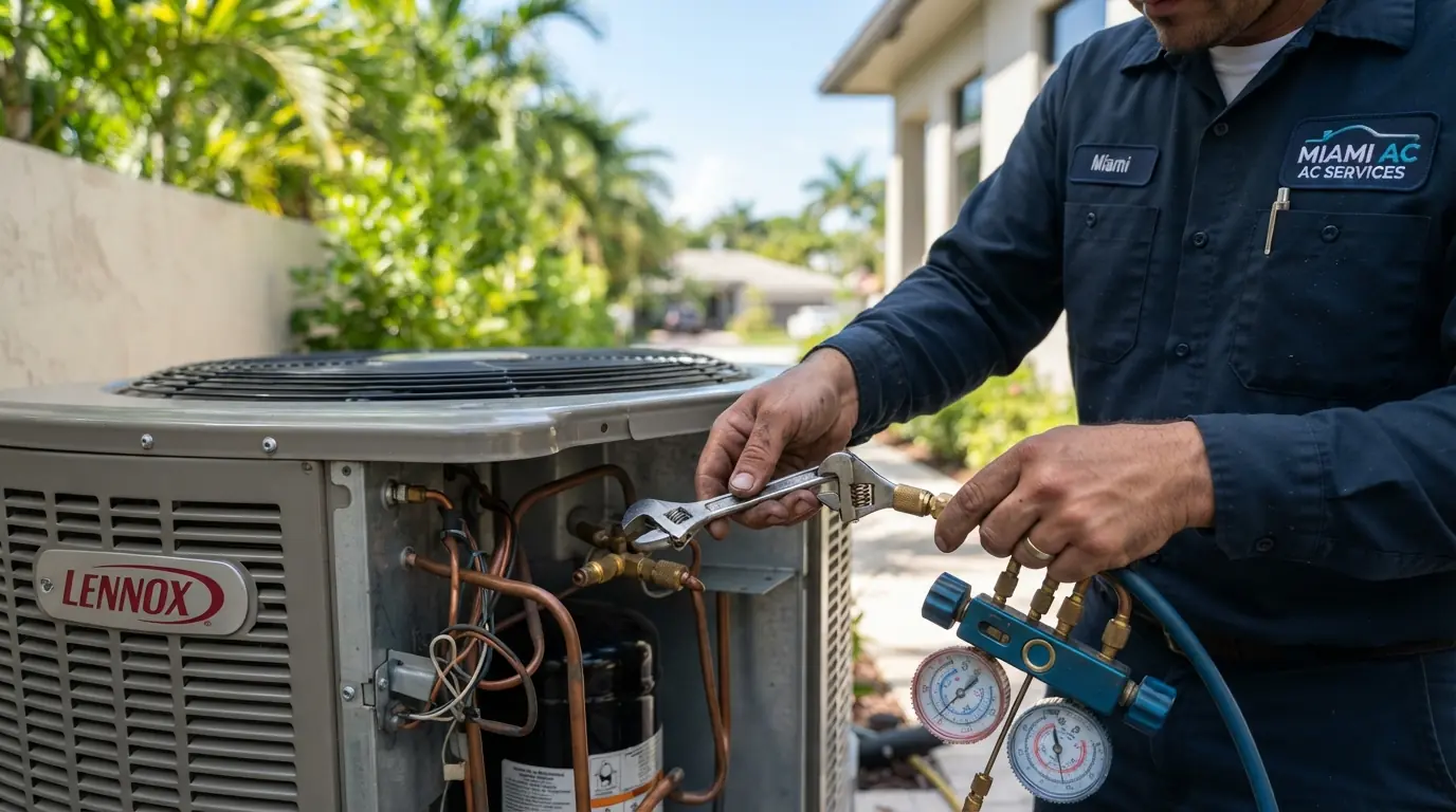 Close detail photo for AC maintenance plans in a Miami property: technicians hands at the priority service step