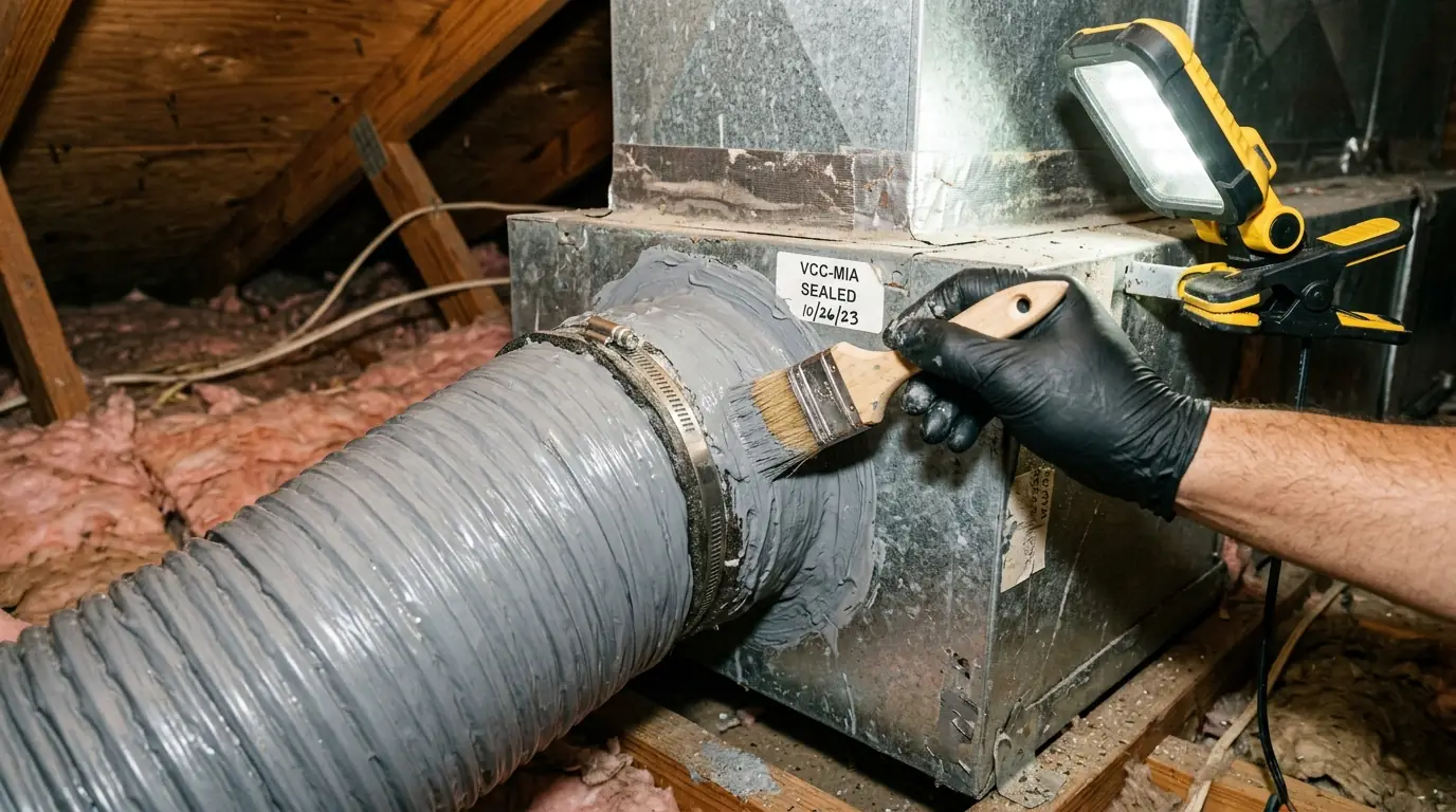Gloved hand brushing gray mastic around a flex duct connection at a metal plenum in a Miami attic