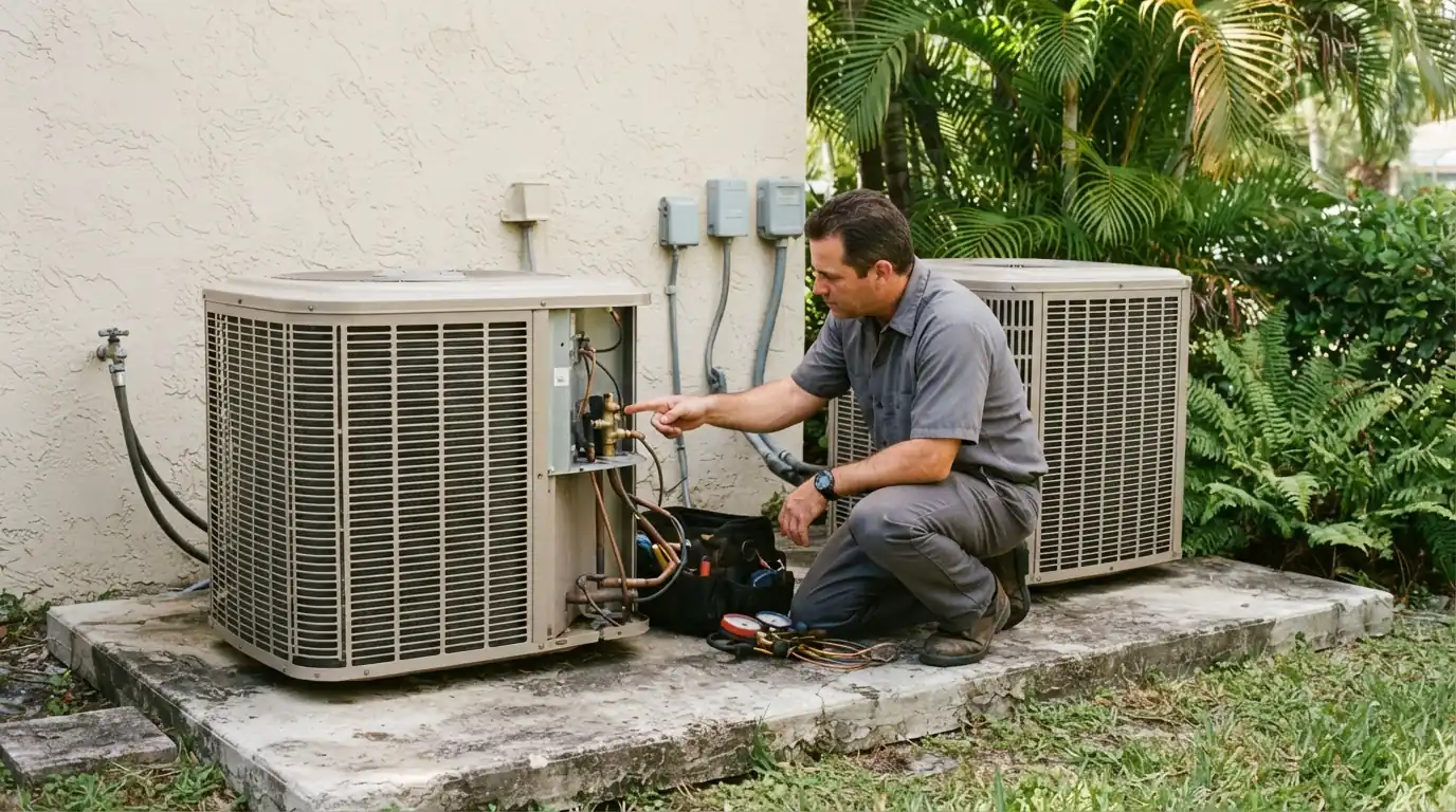 Two similar outdoor units side by side on a Miami homes concrete pad