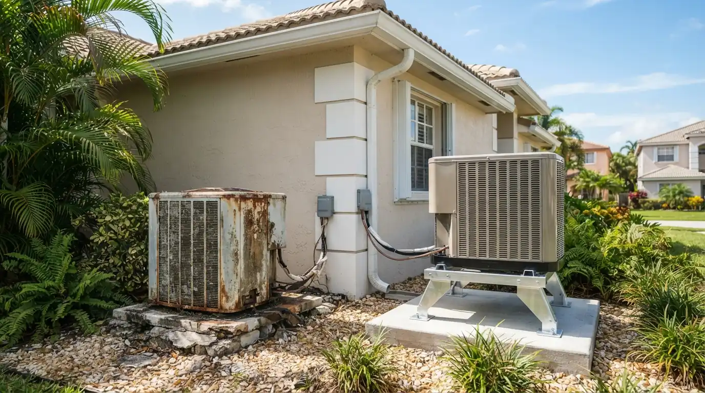Old rusted AC condenser beside a brand new high-efficiency condenser on tie-down brackets outside a Miami CBS home