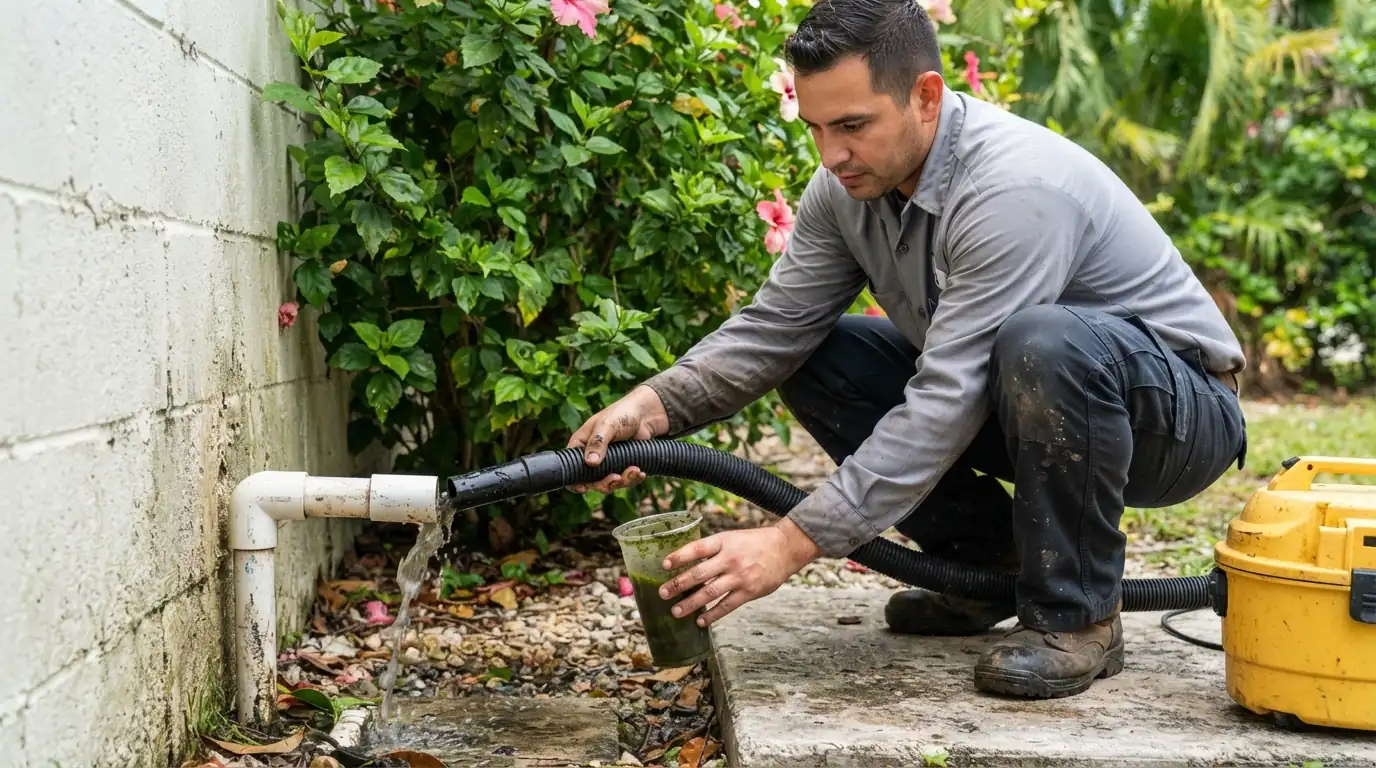 Technician using a wet vac hose on a white PVC condensate drain outlet beside a CBS wall and hibiscus hedge in a Miami side yard