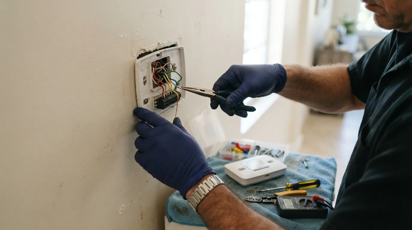 Close detail photo for thermostat repair and replacement in a Miami property: technicians hands at the inspect wiring step