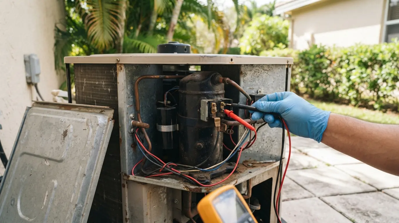 Close view of an AC condenser with the top off showing a scroll compressor