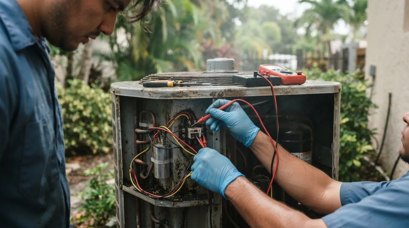 Close detail photo for noisy AC repair in a Miami property: technicians hands at the test components step