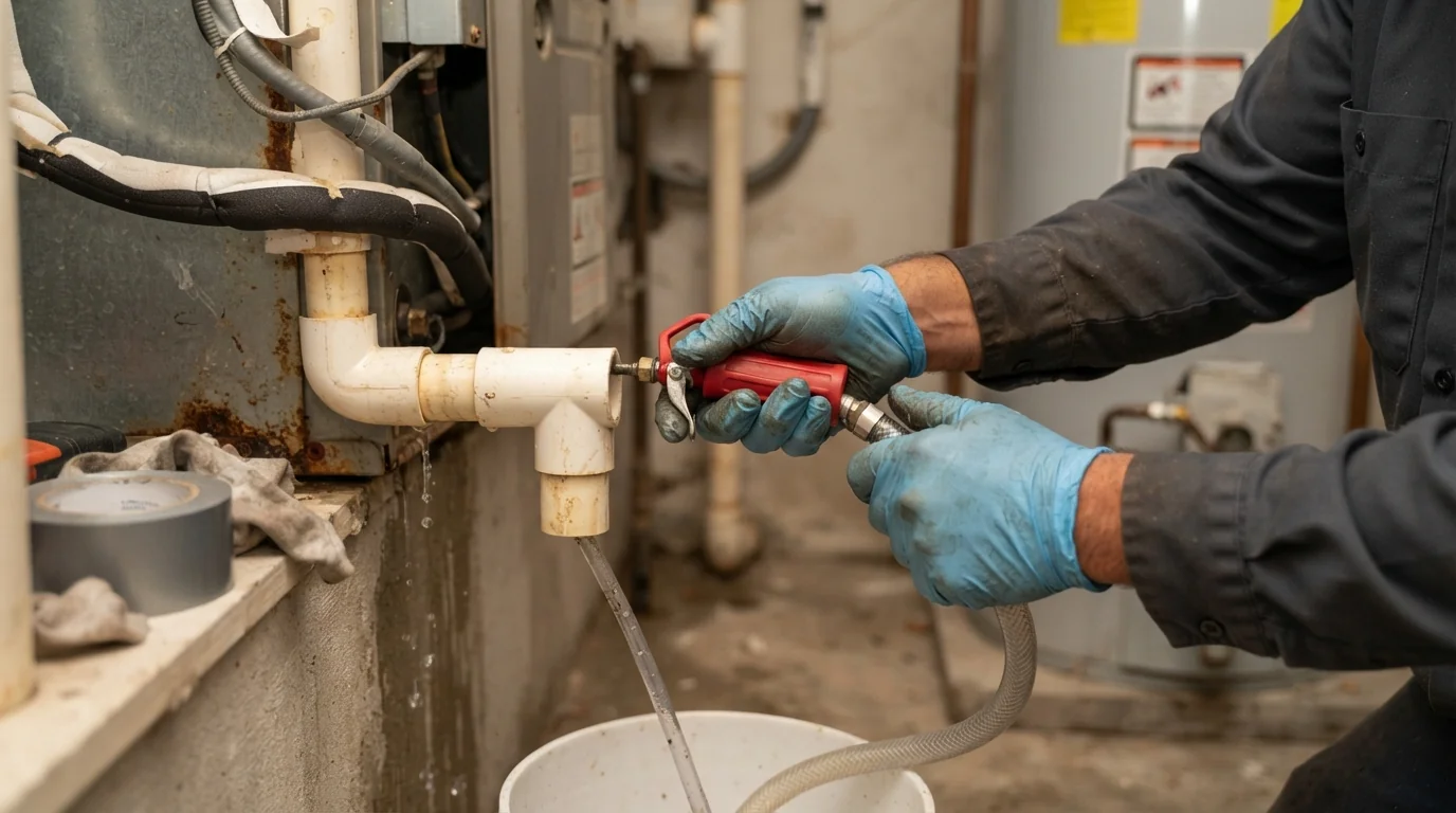 Close detail photo for AC drain line cleaning in a Miami property: technicians hands at the flush and clean step