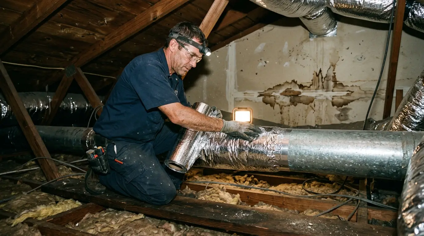 Technician wrapping a bare metal duct section in foil-faced insulation in a Miami attic